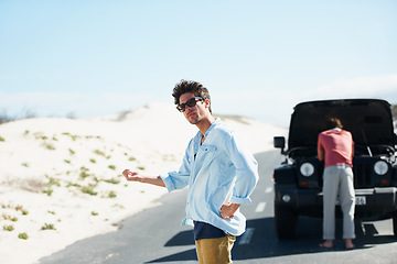 Image showing Men, car and hitchhiking in road for help or engine problem on roadtrip or journey outdoor in desert. People, travelers and transport risk in street or highway with roadside crisis and assistance