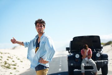 Image showing Men, car or thumbs up for breakdown in road with engine problem on roadtrip or journey outdoor in desert. People, travelers and transport risk in street or highway with roadside crisis and assistance