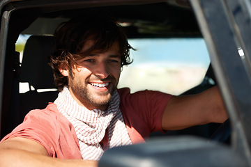 Image showing Smile, portrait and man in car on road trip with freedom, travel and desert adventure for summer vacation. Transport, holiday journey and happy driver in van with nature, sunshine and countryside.