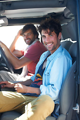 Image showing Portrait, travel and happy men friends in a van for road trip, adventure or vacation together. Freedom, transportation and face of people relax in a vehicle for holiday, trip or traveling journey