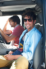 Image showing Travel, portrait and happy men friends in a car for road trip, adventure or vacation together. Freedom, transportation and people relax in vehicle for holiday, trip or journey while chilling outdoor