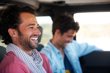 Image showing Travel, driving and happy men friends in a car for road trip, adventure or vacation together. Freedom, transportation and people laughing in a vehicle for holiday, trip or journey in the countryside
