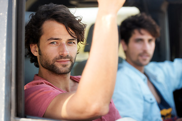 Image showing Friends, portrait and men in car on road trip with freedom, travel and desert adventure for summer vacation. Transport, holiday journey and happy people in van with nature, sunshine and countryside.