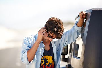 Image showing Roadside assistance, phone call and man by car in conversation, travel or journey outdoor. Smartphone, help and person with truck breakdown, transportation insurance or emergency problem on road trip