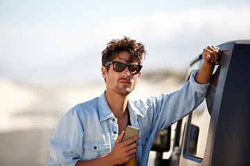 Image showing Car road trip, mobile phone or man looking at direction, route and waiting for SUV support, vehicle help or automobile service. Cellphone, motor van or driver search transport booking, GPS or map app