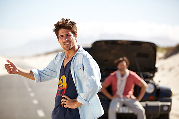 Image showing Men, transport or hitchhiker for breakdown in road with crisis, engine problem or frustrated in desert. People, roadtrip or stress for assistance on adventure, journey or travel in nature or street