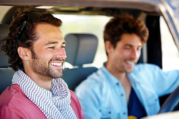 Image showing Freedom,, driving and happy men friends in a car for road trip, adventure or vacation together. Travel, transportation and people laugh in a vehicle for holiday, trip or journey outdoor while bonding