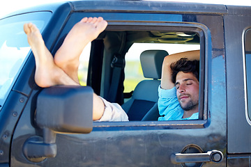 Image showing Relax, man or feet on window of car for sleeping, peace and adventure with travel or destination. Person, tourist or traveler with chilling in van on vacation, holiday or traveling journey in nature