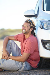 Image showing Car road trip, ground and happy man relax, sitting and smile for journey, adventure or motor transportation in Australia. Automobile, SUV vehicle and person smile, rest and break on outdoor dirt road