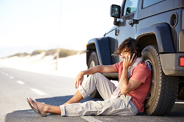 Image showing Road trip, phone call and man by truck for help, conversation and travel outdoor. Smartphone, roadside assistance and person with motor car breakdown, transport insurance and driver report emergency