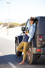 Image showing Car road trip, travel and outdoor man relax on road journey, summer adventure or street transportation on vacation tour. Moving automobile, driver freedom and person leaning on SUV, van or vehicle