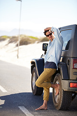 Image showing Road trip, travel and man waiting for car help, support or service on road journey, summer adventure or street transportation. Automobile break, patience and person leaning on SUV, van or vehicle