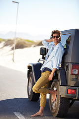 Image showing Road trip, relax and man waiting for car help, support or motor service on journey, summer adventure or getaway on open road. Automobile breakdown, travel and male driver leaning on transport vehicle