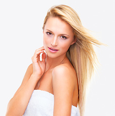 Image showing Woman, portrait and face in relax for skincare, beauty or makeup cosmetics against a white studio background. Female person or model for spa, hair salon or facial treatment for glowing skin on mockup