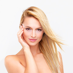 Image showing Happy woman, portrait and face of blonde in beauty, makeup or cosmetics for skincare against a studio background. Female person or model for spa, salon or facial treatment in relax for dermatology