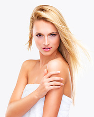 Image showing Woman, portrait and face in natural beauty, makeup or cosmetics for skincare against a studio background. Female person, blonde or model for spa salon or facial treatment in relax or skin dermatology