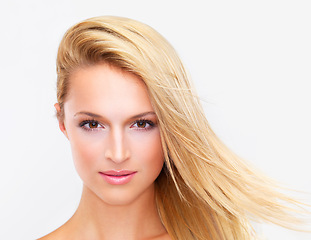 Image showing Portrait, skincare and hair of a woman closeup in studio on a white background for natural wellness or cosmetics. Face, beauty and cosmetics with a confident young model at the salon for dermatology
