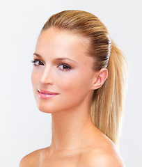 Image showing Happy woman, portrait and face with hair style in skincare beauty or makeup cosmetics against a studio background. Closeup of female person, blonde or model smile for spa salon or facial treatment