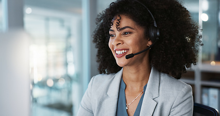 Image showing Computer, call center and funny woman in customer service, tech support and talk to contact at help desk. Communication, telemarketing and African sales agent laughing, consulting and crm advisory