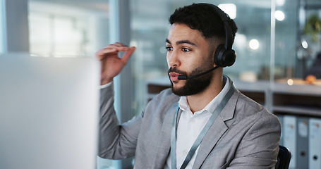 Image showing Computer, call center and man talking to customer service, crm support or contact us at help desk for inbound marketing. Communication, telemarketing and sales agent chat to client in lead generation