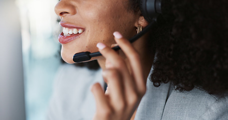 Image showing Mouth, call center and woman talking in customer service, tech support and contact us at help desk. Telemarketing, closeup of lips and happy sales agent consulting in crm advisory for communication