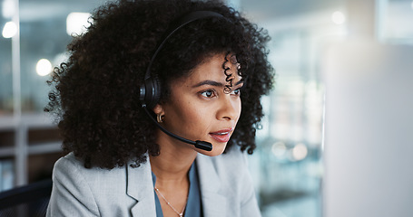 Image showing Computer, call center and funny woman in customer service, tech support and talk to contact at help desk. Communication, telemarketing and African sales agent laughing, consulting and crm advisory