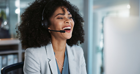 Image showing Computer, call center and funny woman in customer service, tech support and talk to contact at help desk. Communication, telemarketing and African sales agent laughing, consulting and crm advisory