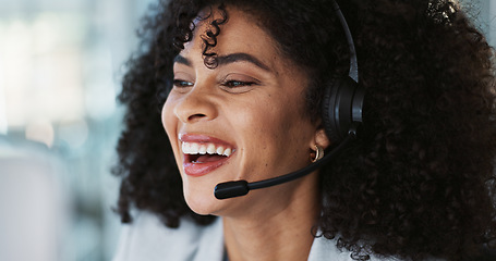 Image showing Computer, call center and funny woman in customer service, tech support and talk to contact at help desk. Communication, telemarketing and African sales agent laughing, consulting and crm advisory