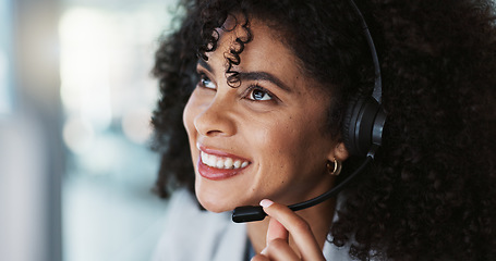 Image showing Happy woman, face and consulting in call center, customer service or telemarketing at office. Friendly female person, consultant or agent smile laughing for funny joke, online advice or communication