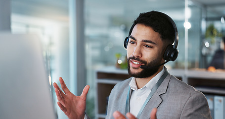 Image showing Computer, call center and man talking to customer service, crm support or contact us at help desk for inbound marketing. Communication, telemarketing and sales agent chat to client in lead generation