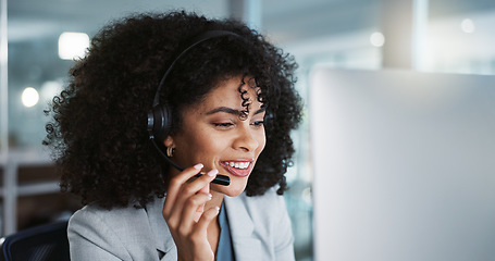 Image showing Computer, call center and funny woman talking in customer service, tech support and contact us at help desk. Communication, telemarketing and happy sales agent laughing, consulting and crm advisory