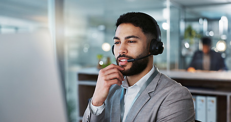 Image showing Businessman, face and consulting in call center, customer service or telemarketing at office. Corporate man, consultant or agent talking with headphones in online advice or communication at workplace