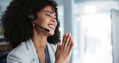 Image showing Computer, call center and funny woman talking in customer service, tech support and contact us at help desk. Communication, telemarketing and happy sales agent laughing, consulting and crm advisory