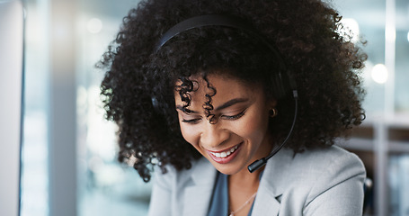 Image showing Computer, call center and funny woman talking in customer service, tech support and contact us at help desk. Communication, telemarketing and happy sales agent laughing, consulting and crm advisory