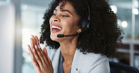 Image showing Computer, call center and funny woman in customer service, tech support and talk to contact at help desk. Communication, telemarketing and African sales agent laughing, consulting and crm advisory