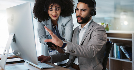 Image showing Call center, training and learning in office with mentor, technical support and advice for working on computer. Employees, collaboration and questions for manager coaching or helping on tech project