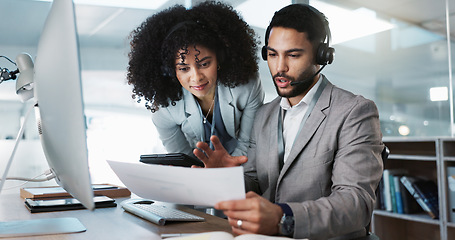 Image showing Call center, training and learning in office with mentor, technical support and advice for working on computer. Employees, collaboration and questions for manager coaching or helping on tech project