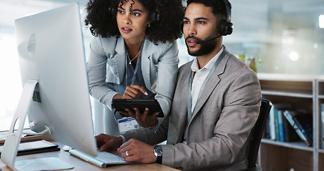 Image showing Call center, training and learning in office with mentor, technical support and advice for working on computer. Employees, collaboration and questions for manager coaching or helping on tech project