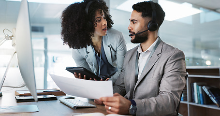 Image showing Business people, call center and coaching staff in telemarketing, customer service or support at office. Team, agent or consultant training together in teamwork for online advice, help or contact us