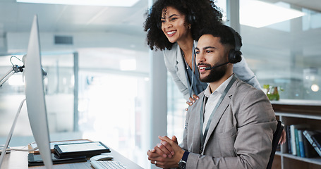 Image showing Call center, training and learning in office with mentor, technical support and advice for working on computer. Employees, collaboration and questions for manager coaching or helping on tech project