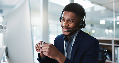 Image showing Computer, call center and happy black man talking, crm and technical support at help desk. Communication, customer service and sales agent consulting, telemarketing advisory and speaking to contact