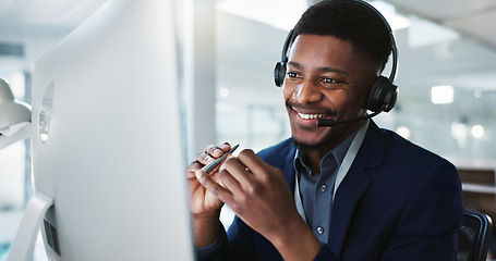 Image showing Computer, call center and black man talking, telemarketing and technical support at help desk. Communication, customer service and happy sales agent consulting, crm advisory and speaking to contact