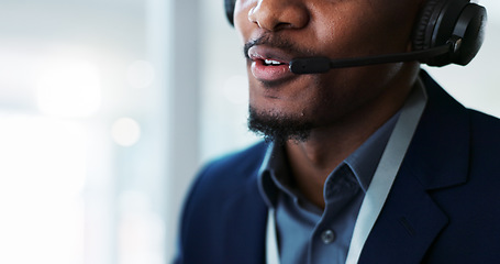 Image showing Closeup, man and mouth consulting in call center, customer service or telemarketing at office. Lips of male person, consultant or agent talking on headphones for online advice, help or contact us
