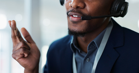 Image showing Man, mouth and consulting in call center, customer service or telemarketing at office. Closeup of male person, consultant or agent lips talking on headphones for online advice, help or contact us