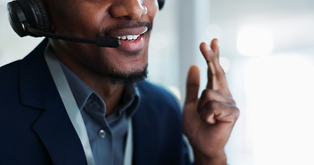 Image showing Man, mouth and consulting in call center, customer service or telemarketing at office. Closeup of male person, consultant or agent lips talking on headphones for online advice, help or contact us