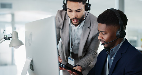 Image showing Call center, training and man learning in office with mentor, technical support and advice for working on computer. Employees, collaboration and questions for manager helping on project with tech