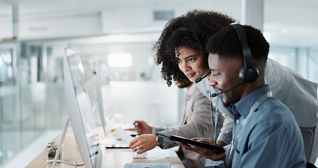 Image showing Call center computer, happy mentor and people for telemarketing sales, outsourcing or check onboarding progress. Technical support data, help desk teamwork and manager consulting agent on CRM info