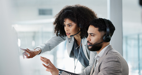 Image showing Call center, training and learning in office with mentor, technical support and advice for working on computer. Employees, collaboration and questions for manager coaching on project with tech