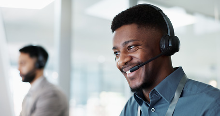 Image showing Happy black man, call center and customer service in telemarketing, communication or support at office. African male person or consultant agent smile in online advice, help or contact us at workplace