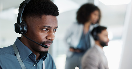 Image showing Call center consultant, mentor and happy black man for onboarding training, telemarketing sales or telecom service. Tech support, customer care teamwork and face of manager mentoring ecommerce agent